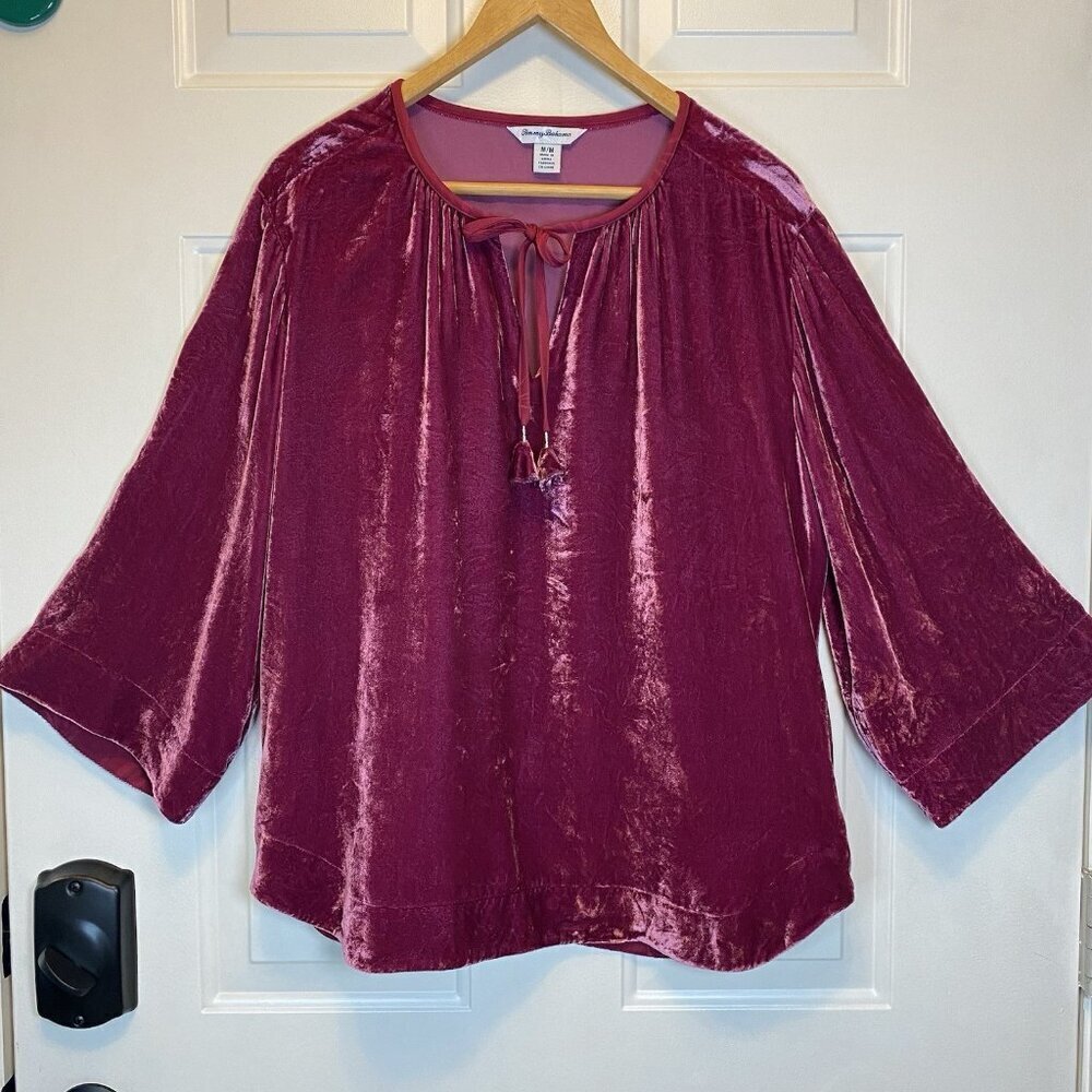 Tommy Bahama SILK Velvet Sands Sz M Tie Neck Pullover Blouse Fuchsia
